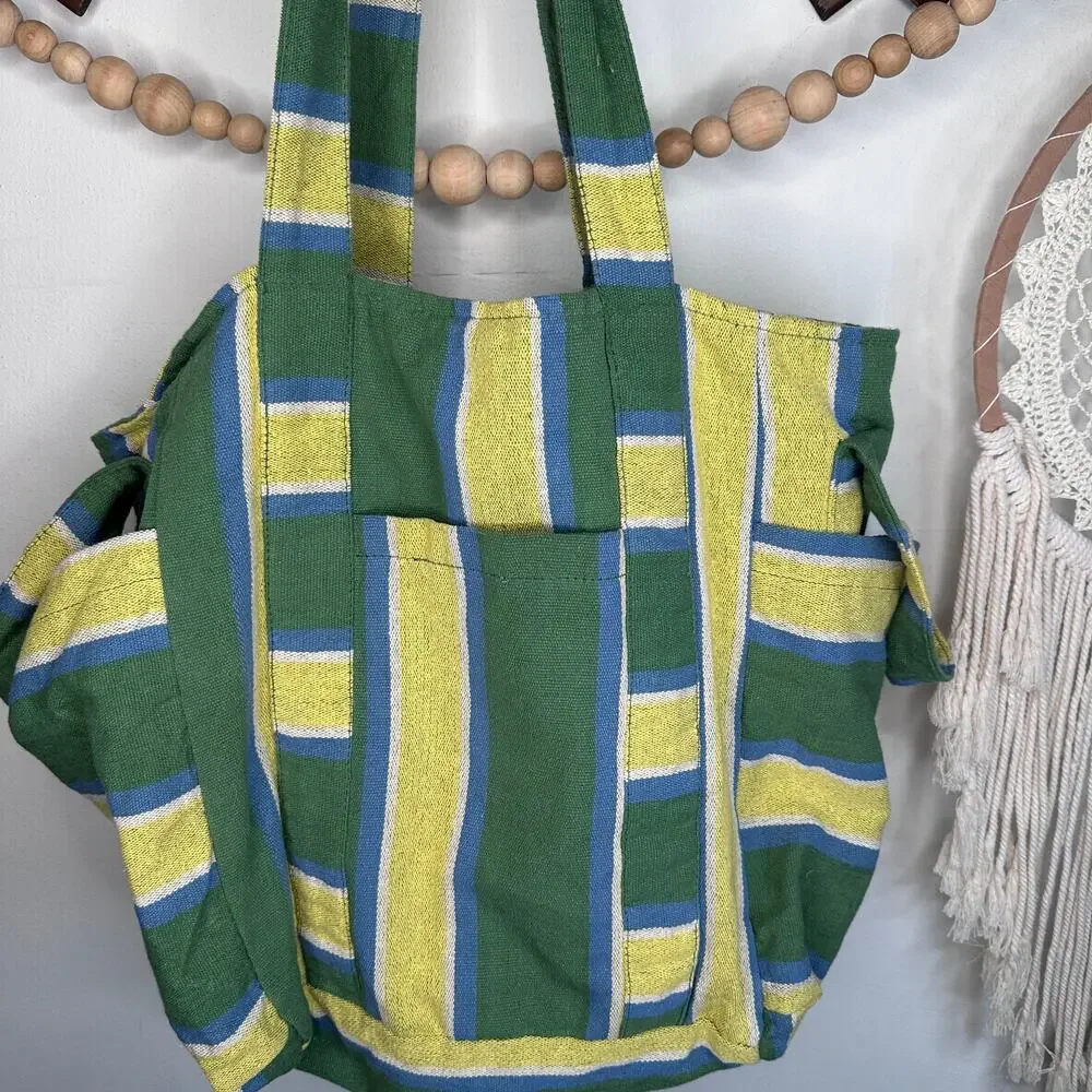 Free People Oksana Oversized Green Yellow Blue Stripe Tote Bag